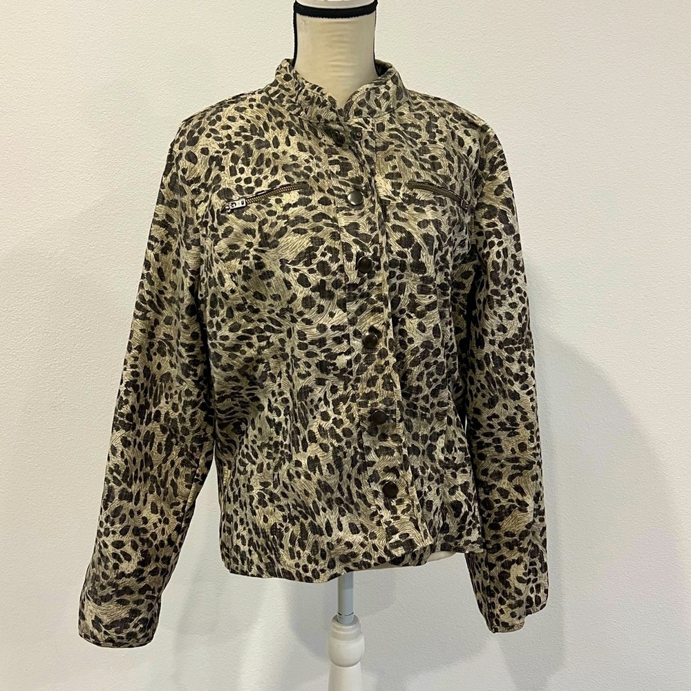 Bamboo Traders Leopard Print Utility Jacket XL Brown Tan Mock Neck Cotton - Picture 2 of 6